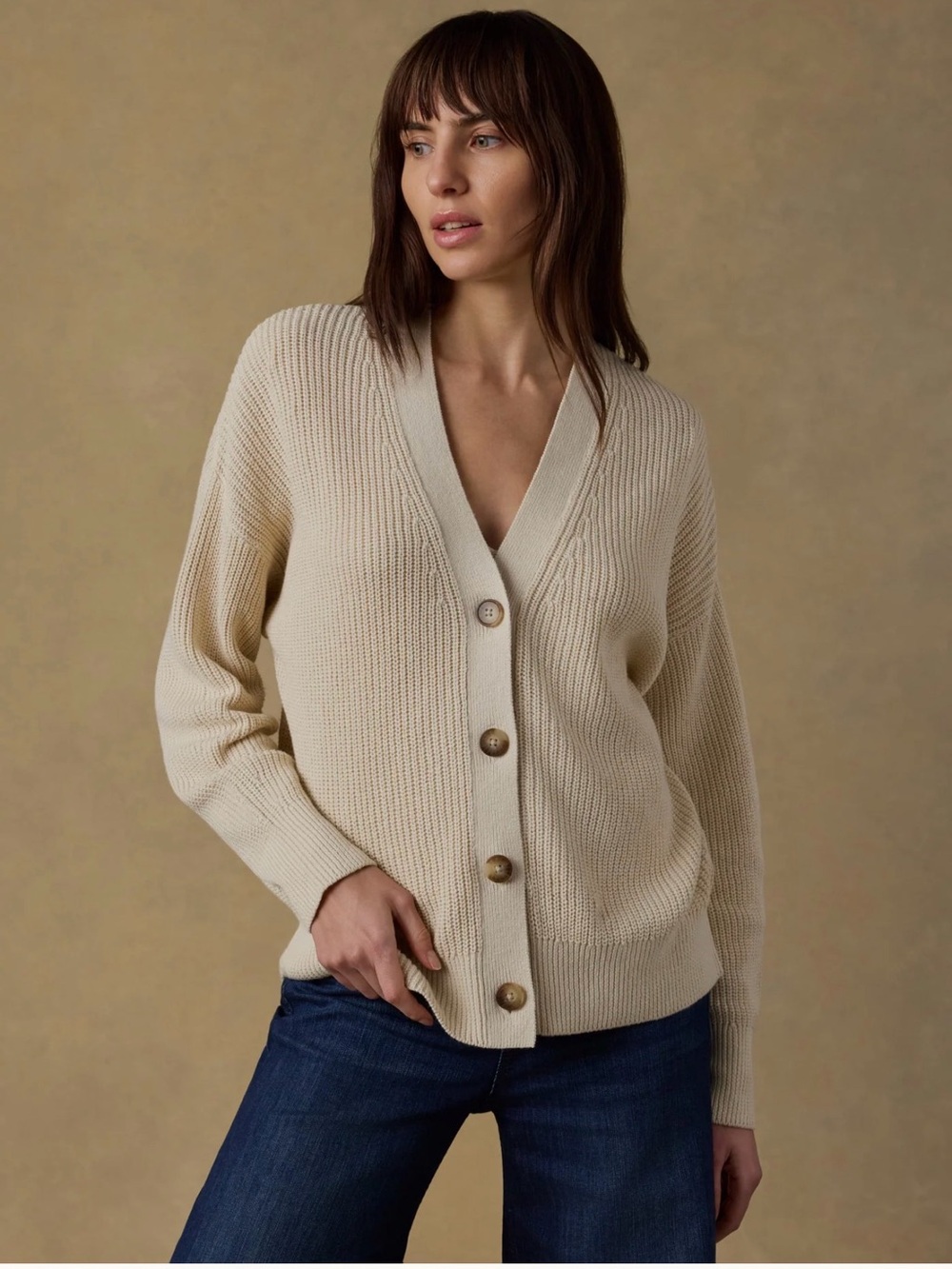 Faherty Cream V-Neck Button-Front Women's Cardigan